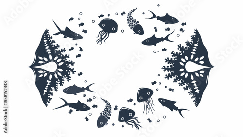 Stylized illustration of marine life within a circular oceanic frame