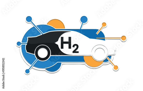 Black and white realistic car silhouette with hydrogen symbol integrated into its body, abstract circular nodes and linear network patterns surrounding it to