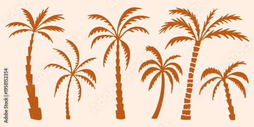 A collection of stylized orange palm trees against a pale background