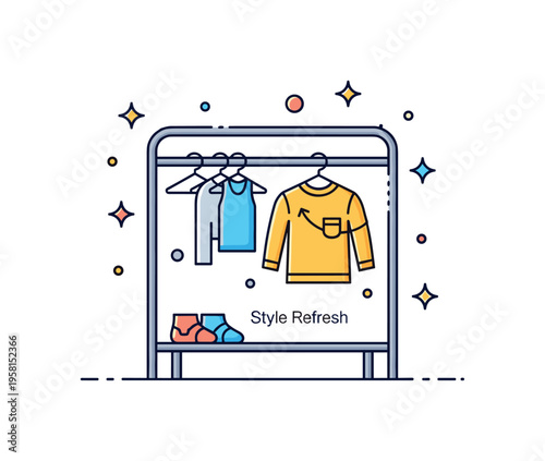Closet makeover DIY idea featuring a clothing rack with a single redesigned garment highlighted and small star accents around it, symbolizing transformation