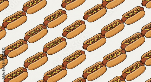 Tasty hot dogs with condiments arranged in a diagonal pattern on a white background for food or culinary themes