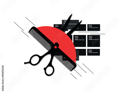 Monochrome close-up of scissors and comb crossed diagonally, intersected by a large red semicircle and abstract rectangular blocks referencing appointment
