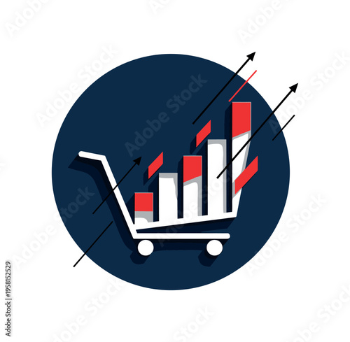 Conceptual commerce theme with black-and-white cart transforming into ascending geometric bars, deep navy circle backdrop, bright red rectangular accents