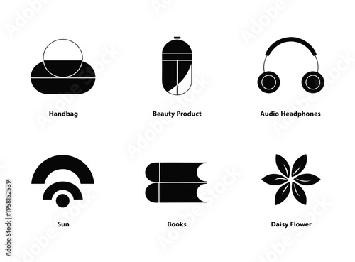 Minimalist black and white icons representing various everyday objects