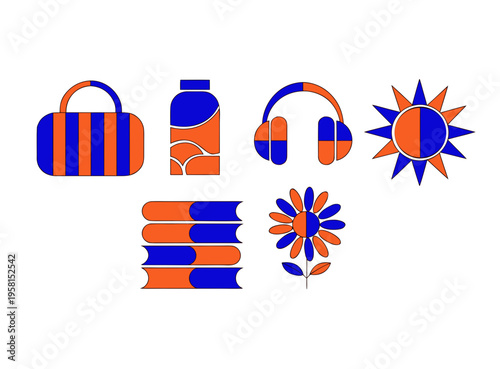 Colorful flat lay illustration featuring various everyday objects and shapes