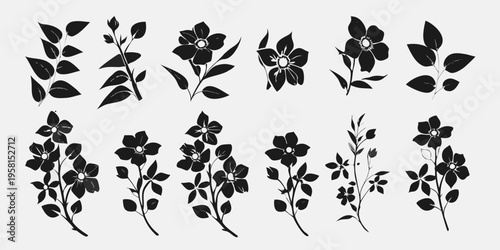Elegant floral silhouettes of delicate blossoms and leafy branches