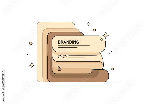 Warm beige branding palette illustrated by layered rounded rectangles in cream and soft brown tones with a small sparkle accent, symbolizing sophistication and