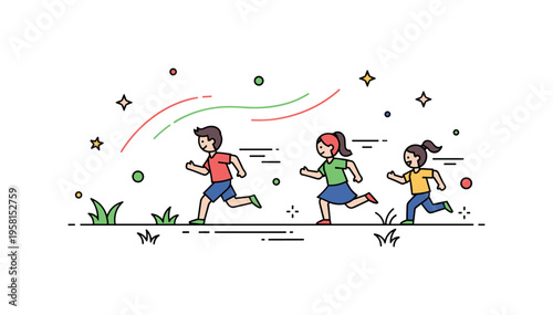 Outdoor running game kids chasing one another across a simple grassy field with curved motion lines suggesting energy and freedom. A dynamic