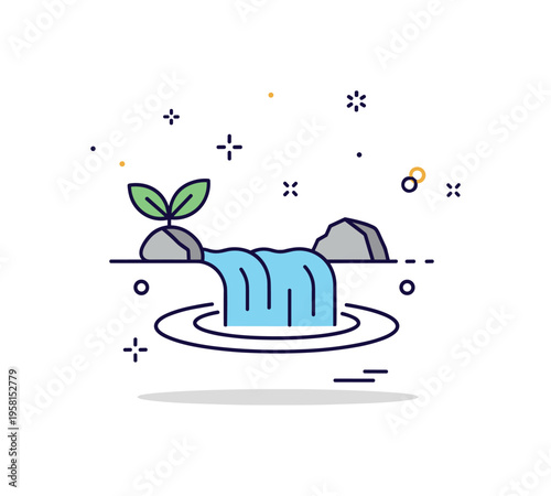 Water stream nature icon a gentle flow of water passing around a small rock and plant while ripple lines illustrate calm natural movement. Minimalist flat