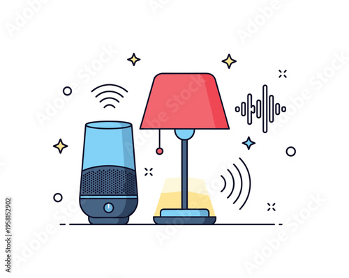 Voice controlled lighting smart speaker beside a glowing lamp while sound wave icons indicate voice commands activating the light. The scene represents