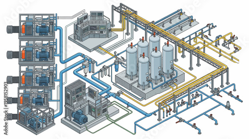 Industrial process system with machinery and piping.