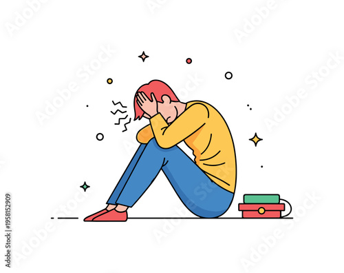 Exhausted posture tired person sitting with slumped shoulders and head resting in hands while small stress lines emphasize fatigue and mental overload. The