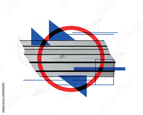 Conceptual outdoor gathering theme with black-and-white close-up of bench planks forming strong horizontal lines, bold red circular halo intersected by cobalt