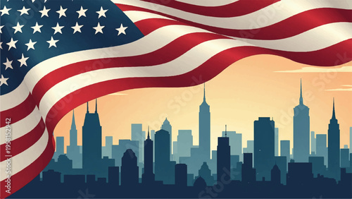 American flag waving over New York City skyline vector illustration