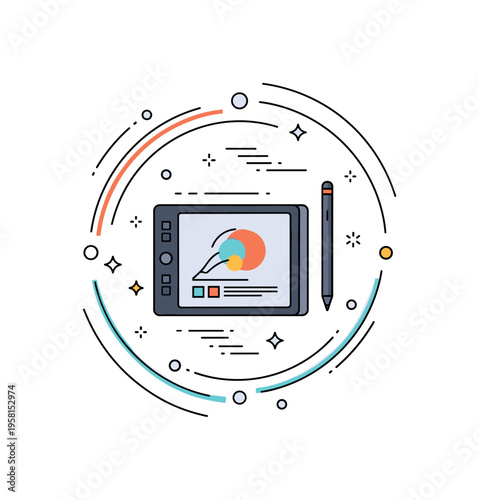 Designer workflow momentum illustrated by a tablet and stylus with smooth motion arcs forming a cohesive circular pattern around them. The scene highlights
