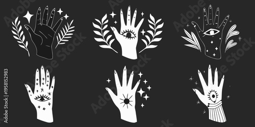 Mystical hands with eyes and stars in a celestial linear style