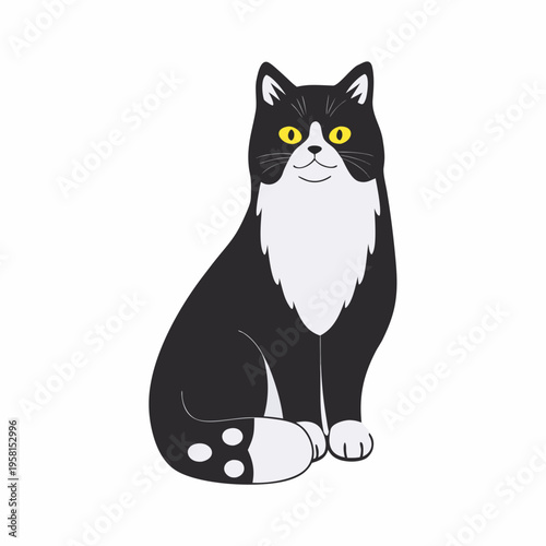 A charming black and white cat with striking yellow eyes sits calmly