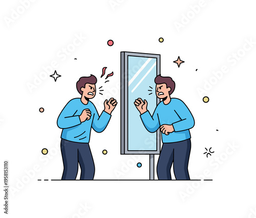 Identity struggle moment a person arguing loudly with their mirror reflection as the two figures mirror each other with tense gestures, expressing the feeling