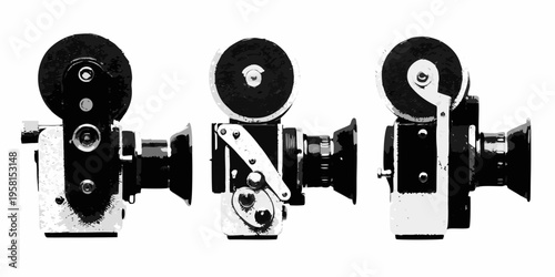 Three vintage super 8mm film cameras displayed in a black and white composition