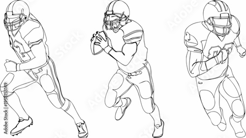 Line art depicting three american football players in action poses