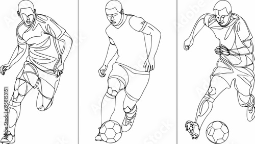 Dynamic soccer player illustrations in a continuous line drawing style
