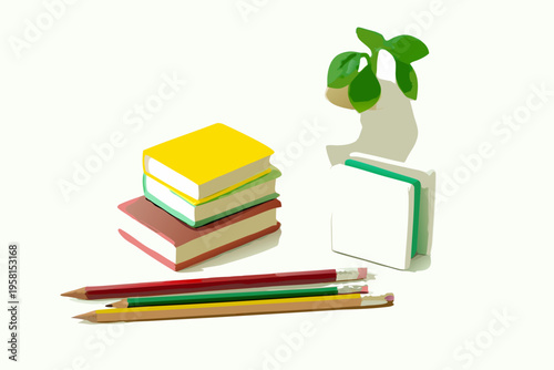 A stack of books pencils and a notebook with a small plant