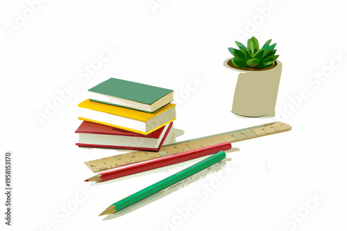 A colorful stack of books with stationery and a small plant