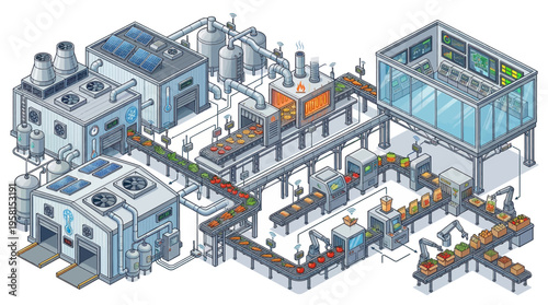 Industrial factory interior with machinery.