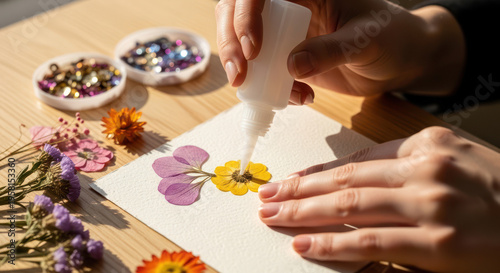 Hands applying glue to pressed flowers on a white card with beads and petals on a wooden table.