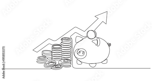 Financial Growth Concept with Piggy Bank and Upward Graph,Minimal One Line Piggy Bank with Coins and Arrow