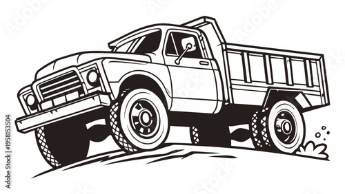 Vintage dump truck driving uphill with a powerful stance.