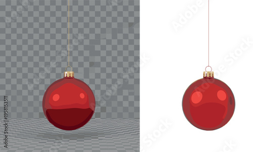 Realistic red Christmas ball ornament hanging on string with glossy reflection isolated on transparent and white background for holiday decoration design
