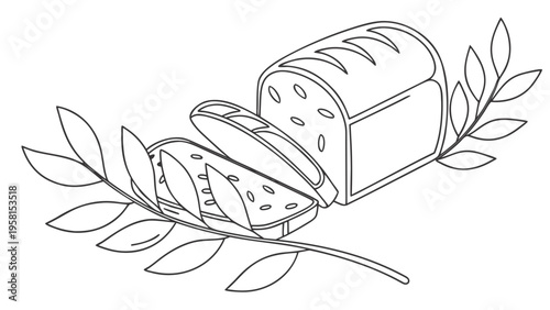 Simple line art illustration of a sliced loaf of bread with olive branches