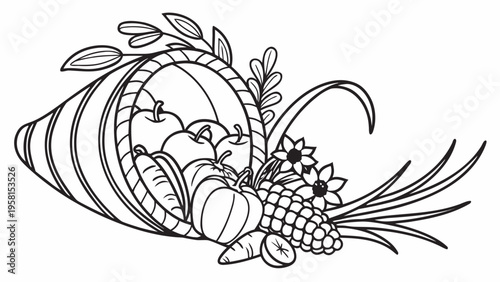 Abundant cornucopia overflowing with autumn harvest fruits and vegetables.