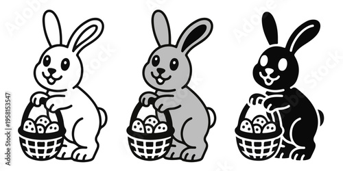 Easter bunny with egg basket set featuring black and white line art and silhouette styles for holiday designs