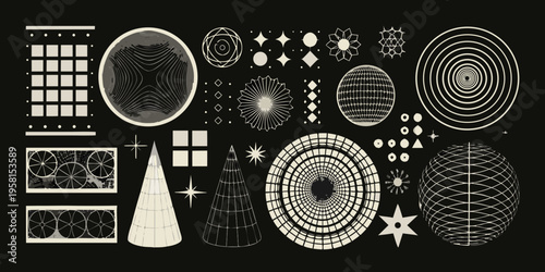 Abstract geometric shapes and patterns on a dark background