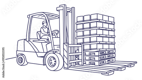 Worker operates a forklift to move stacked boxes on pallets in a warehouse setting.