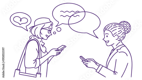 Two women connecting and sharing ideas through conversation and text messages on their phones.