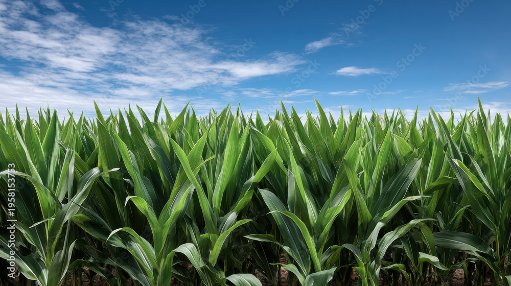 Fototapeta premium Lush green corn field under blue sky, vibrant leaves, summer growth, agricultural landscape, rural farming, natural beauty, outdoor scene
