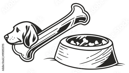 Dog's happy anticipation of a tasty bone and full food bowl