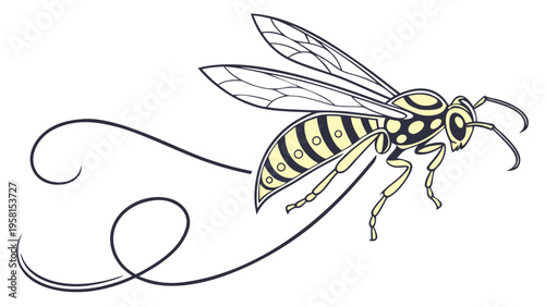 Detailed illustration of a yellow jacket wasp in flight with swirling motion lines.