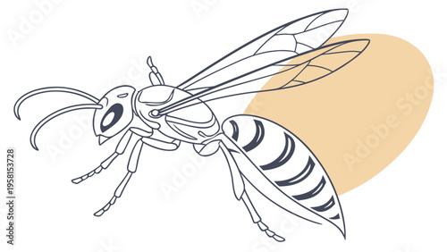 Detailed illustration of a wasp with striped abdomen and delicate wings on a soft background.