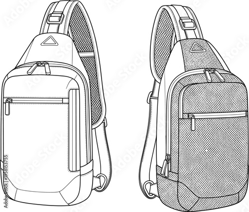 Stylish sling backpack front and side view, tactical design, compact travel shoulder bag, camo and plain versions, isolated white background, vector illustration concept