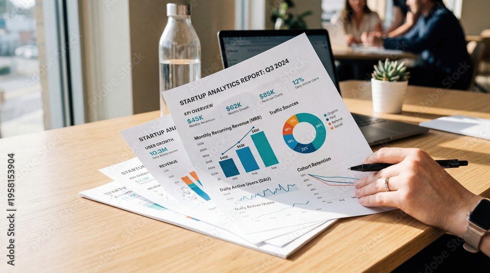 Fototapeta premium Startup analytics insights for q2 2023 office workspace report overview modern environment