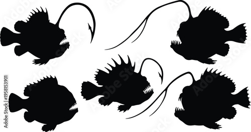 Anglerfish silhouette set. Deep sea fish vector collection with large lure antenna and sharp features. Marine creature silhouettes isolated for ocean, wildlife, and graphic design use.