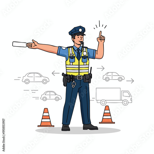 A uniformed officer with a whistle directs traffic with a ticket and hand signals