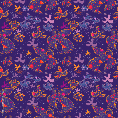 Beautiful seamless pattern with fairytale birds with floral ornaments. Decora...