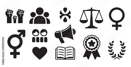 Gender equality and social justice icon set with female symbols scales of justice fists and reward ribbons