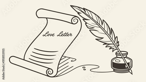 Elegant quill pen with inkwell poised to write a heartfelt love letter on aged parchment