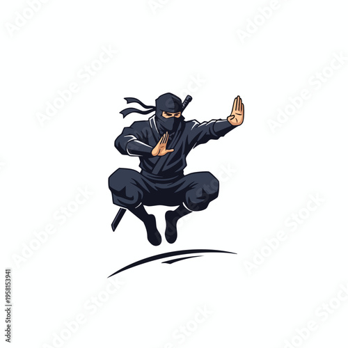Dark clad figure mid-jump, facing forward, executing a martial arts pose